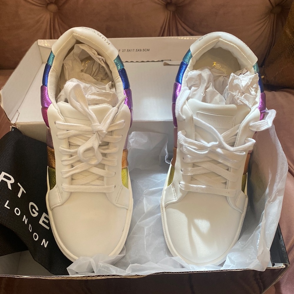 Kurt Geiger tennis shoes with rainbow stripes on the side